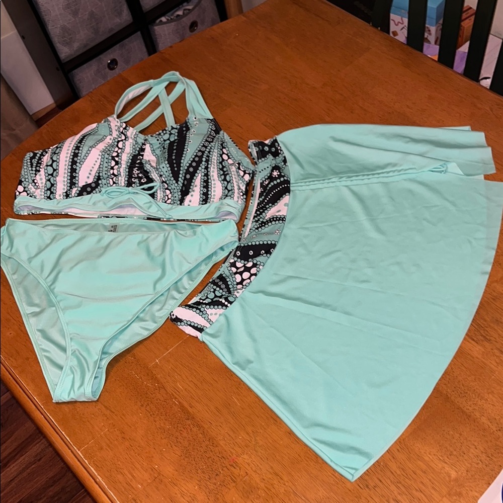 Mint Green and Patterned Bikini Set with Skirt Womens Plus Size 2XL